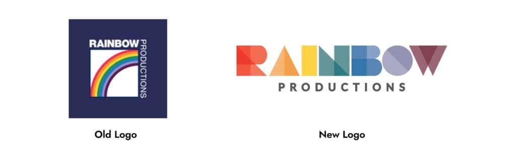 comparison image showing the old and new logos for the Rainbow Productions Logo and branding