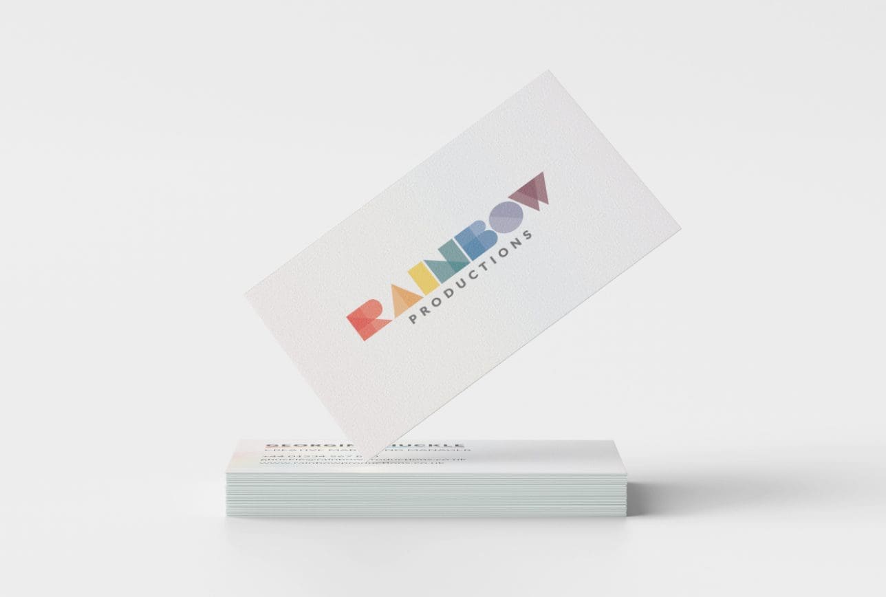 rainbow productions logo shown on a business card mockup