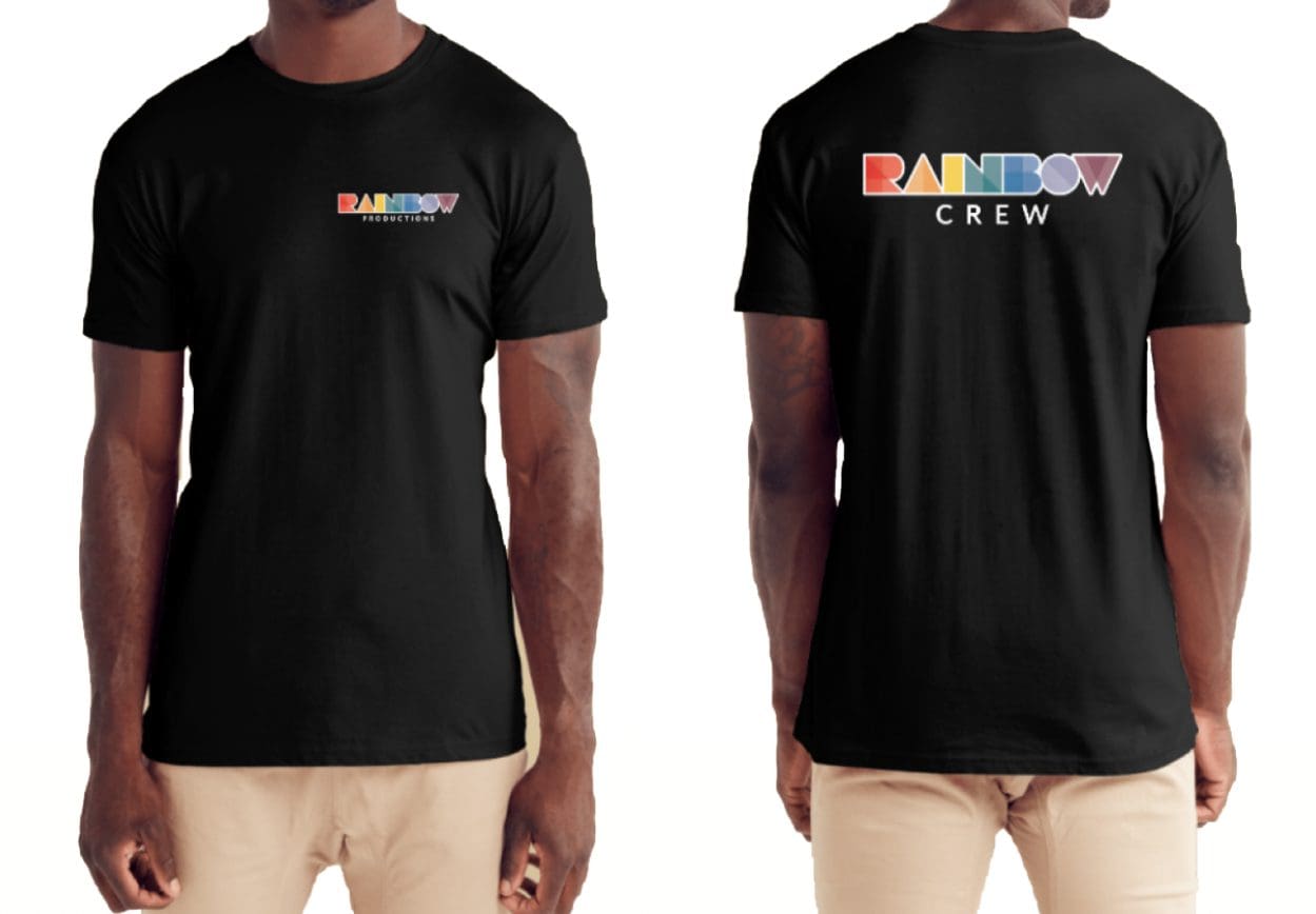Rainbow Productions logo shown on a black t-shirt modelled by a man