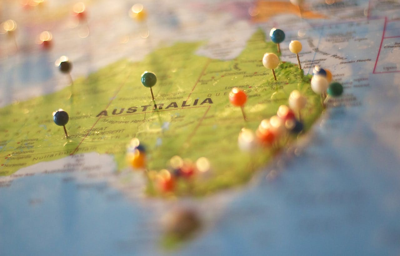 a map of Australia with pins located in various towns and cities